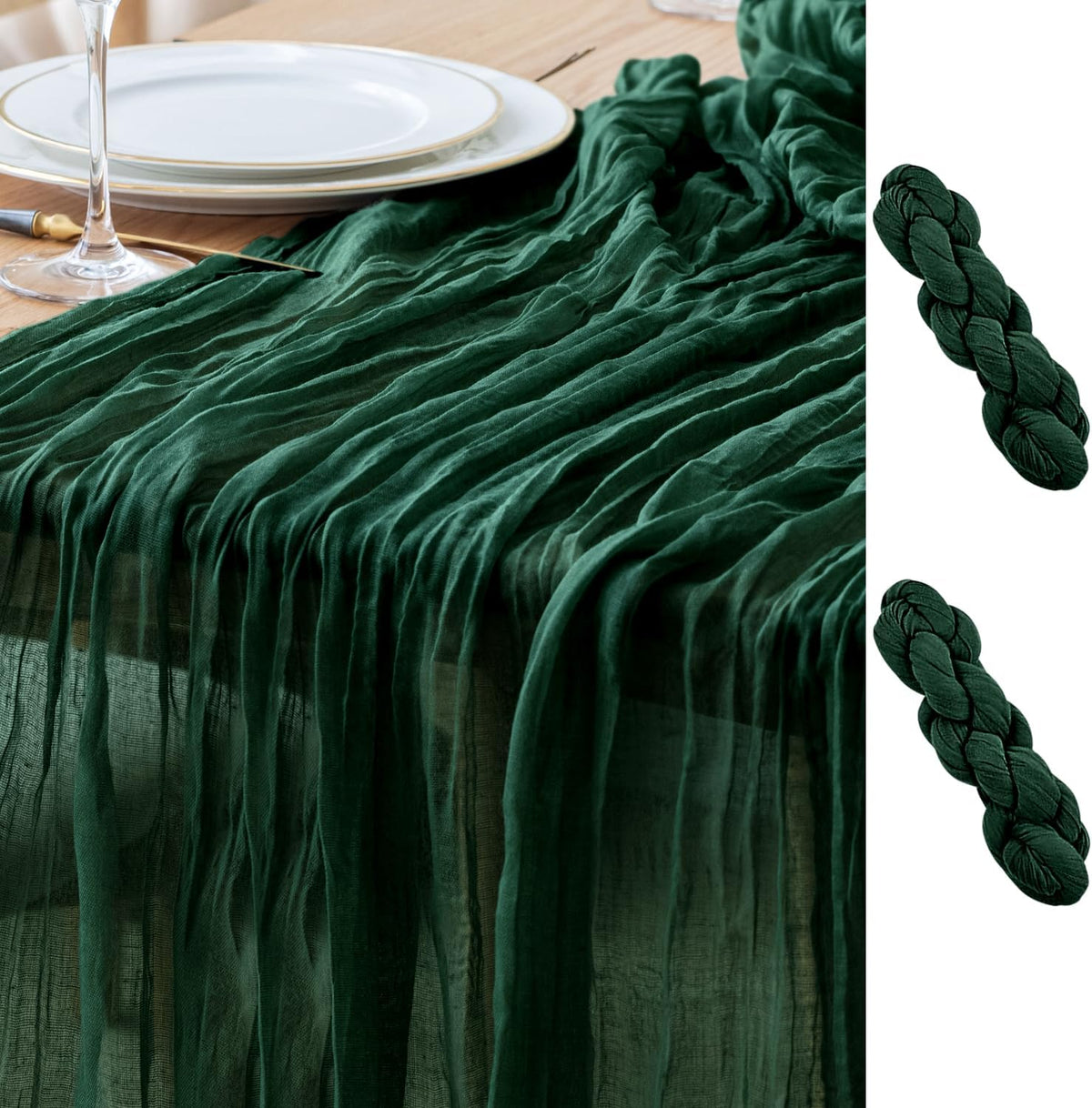 Asee'm 2PCS Table Runner Cheesecloth 10FT Emerald Green Boho Gauze Fabric Rustic Sheer Cheese Cloth