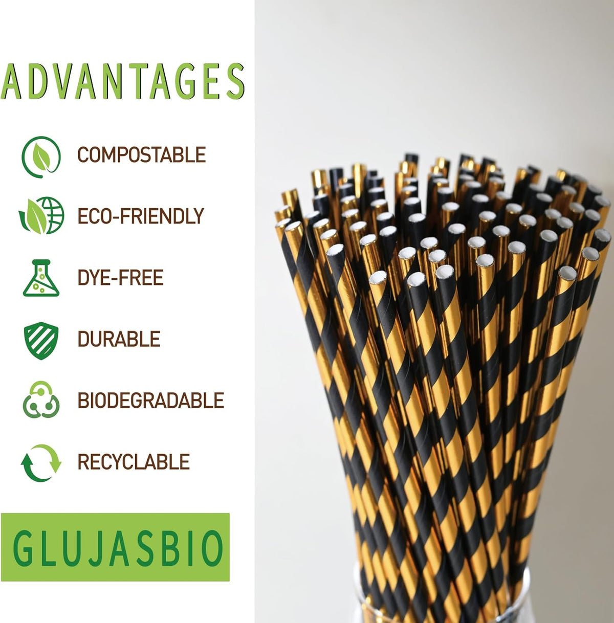 Disposable Paper Drinking Straws - Biodegradable Black Gold Striped Straws for Graduation