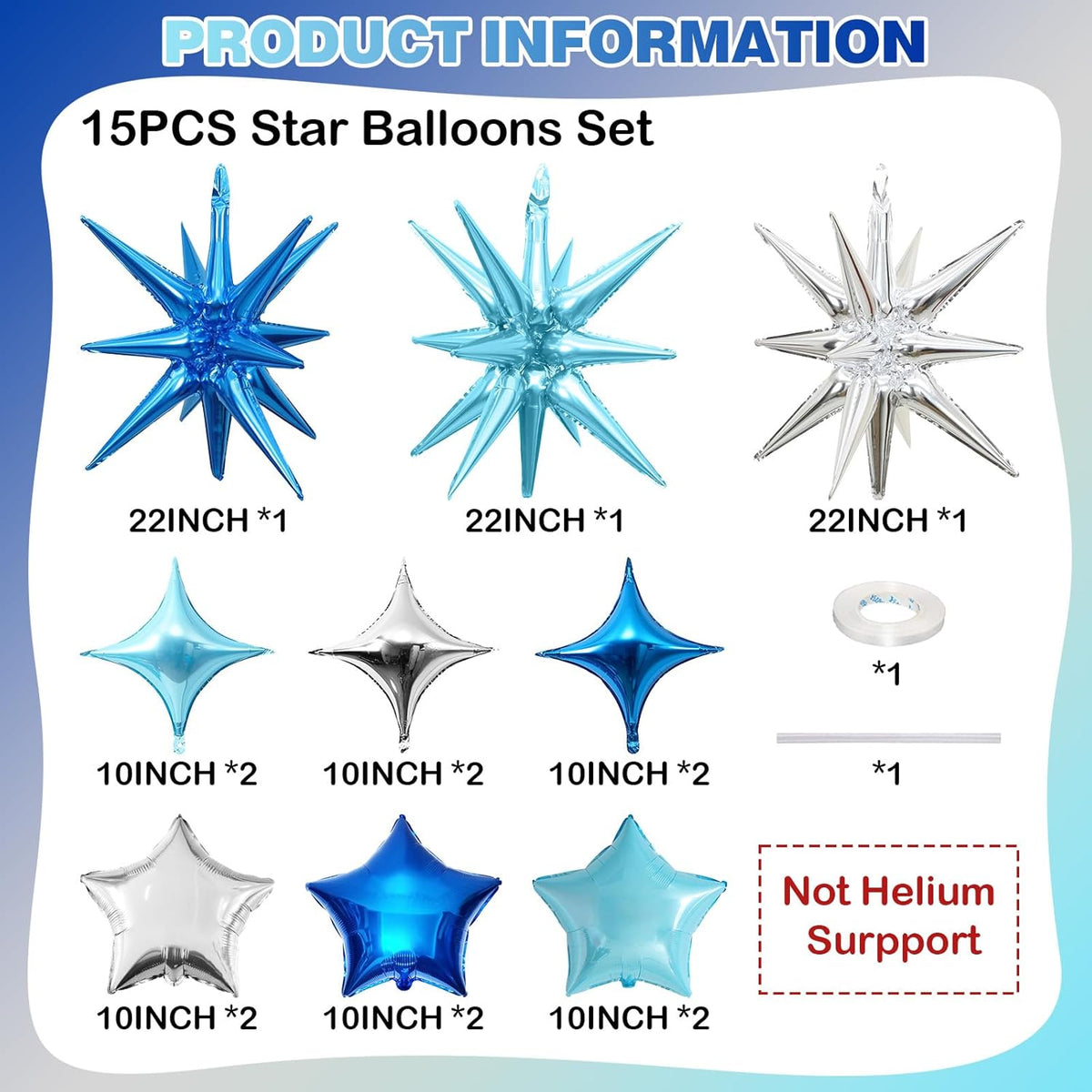 Blue Silver Star Balloons, 22in Large Star Balloons Foil 10in 4-Pointed & Pentagram Balloon for