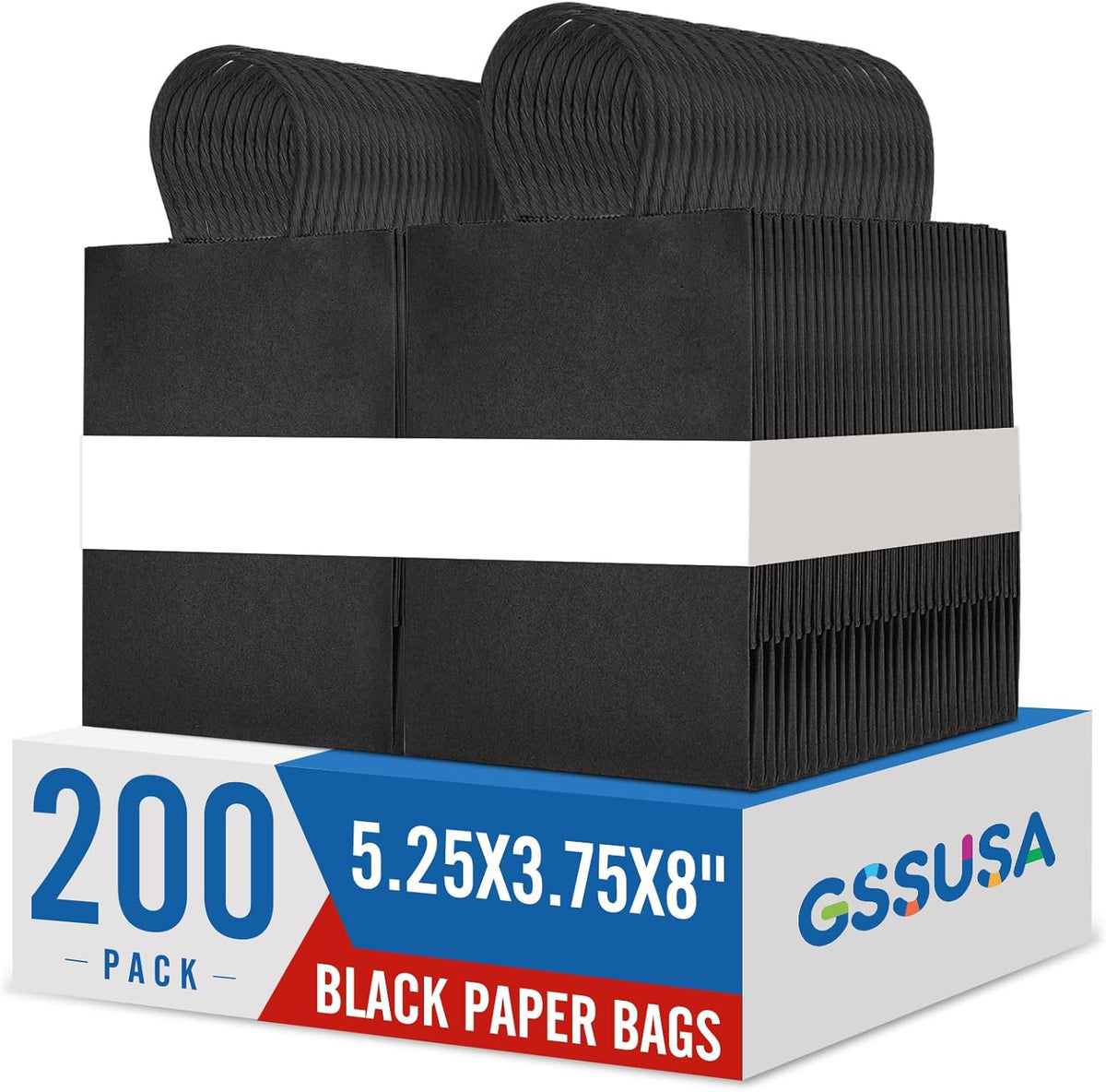 GSSUSA 200 Pack Black Paper Gift Bags 5.25x3.75x8'', Black Kraft Bags with Handles Bulk for