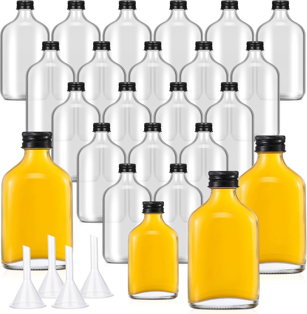 Gejoy 24 Pcs Mini Liquor Bottles Reusable Glass Flask Bottles with Black Caps Clear Empty Alcohol