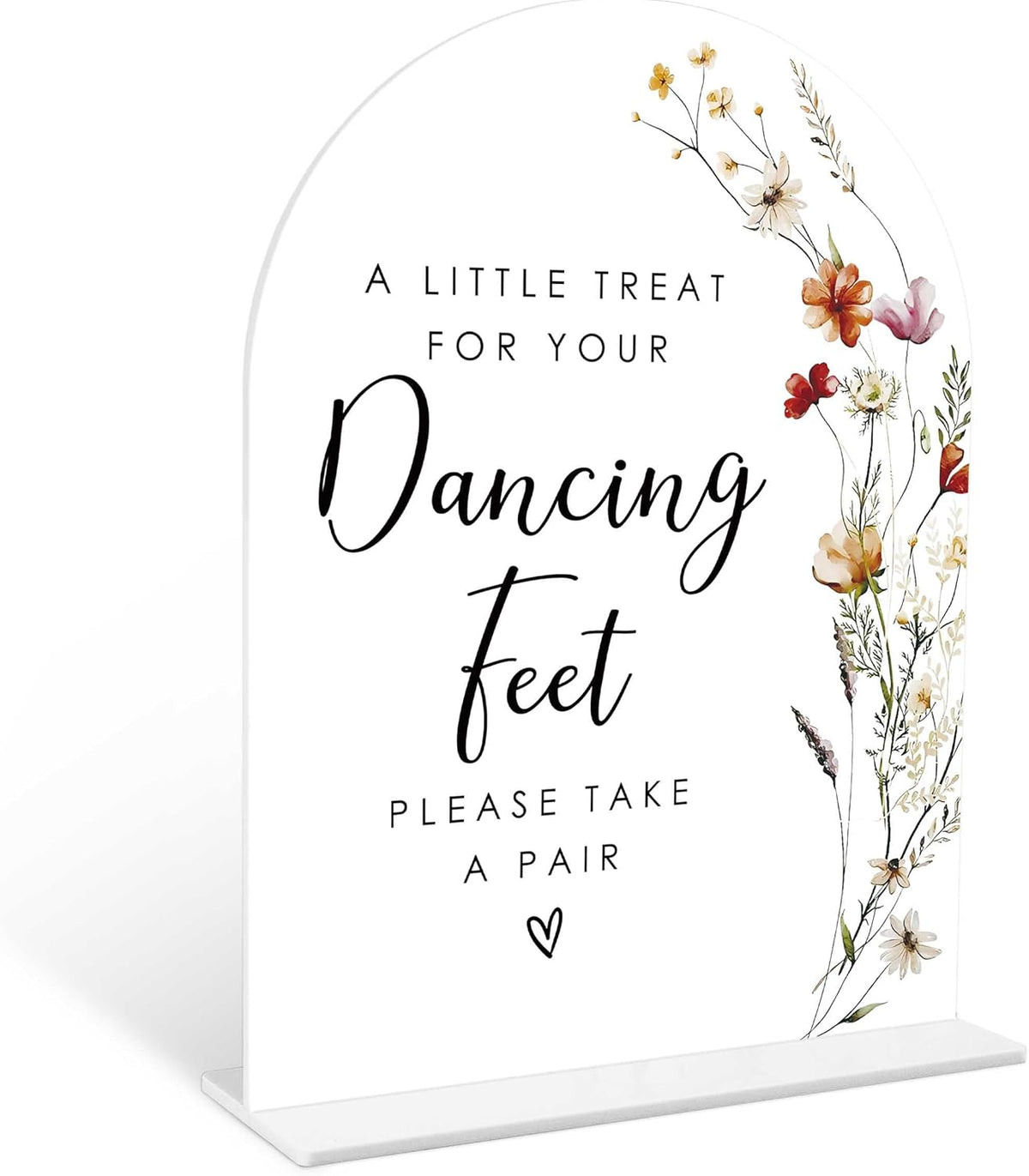 Boho Floral Dancing Feet Sign, 6 x 8 Inch White Arch Acrylic Wedding Sign with Holder, Wedding Sign