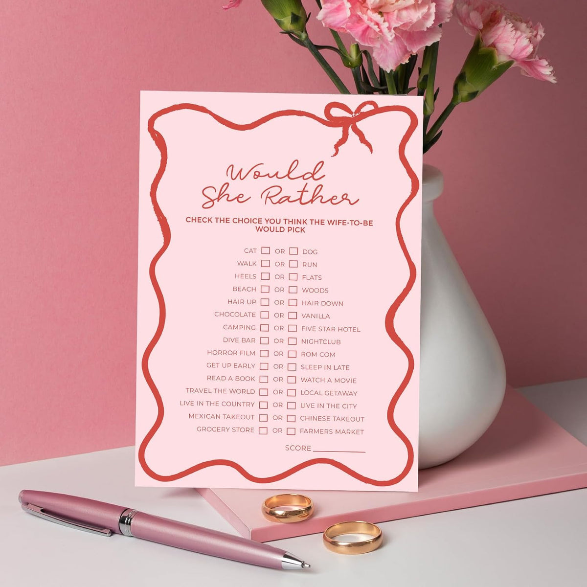 DEEKA 30 PCS Bridal Shower Games Card for 30 Guests Pink Wavy Border Ribbon Bow Funny Wedding