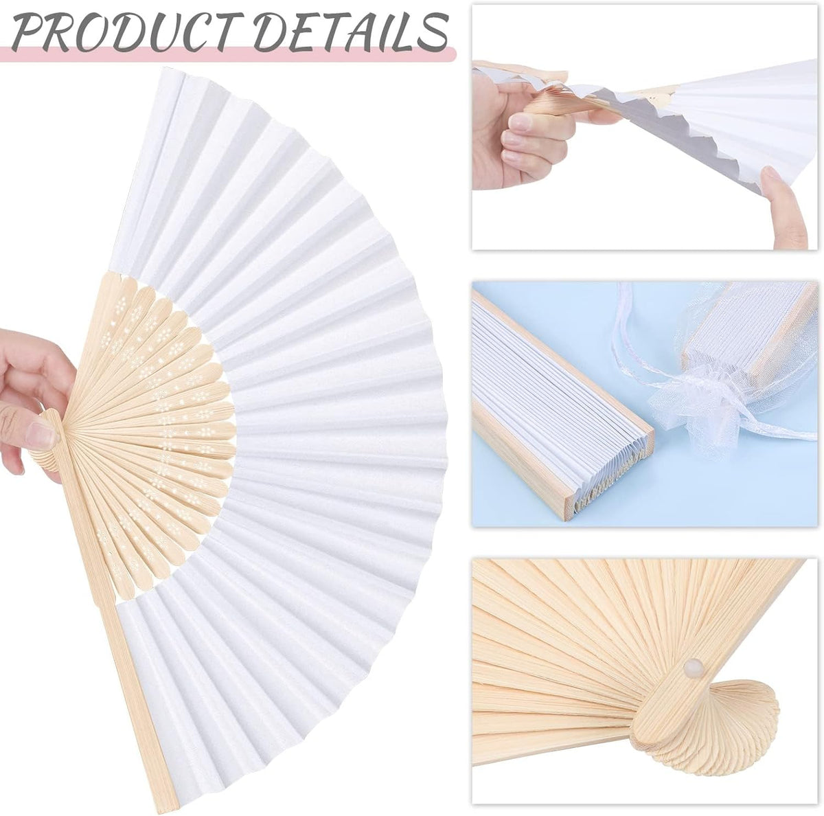 MCEAST 60 Pieces Wedding Handheld Paper Fans White Bamboo Folding Paper Fans with 60 Organza Bags