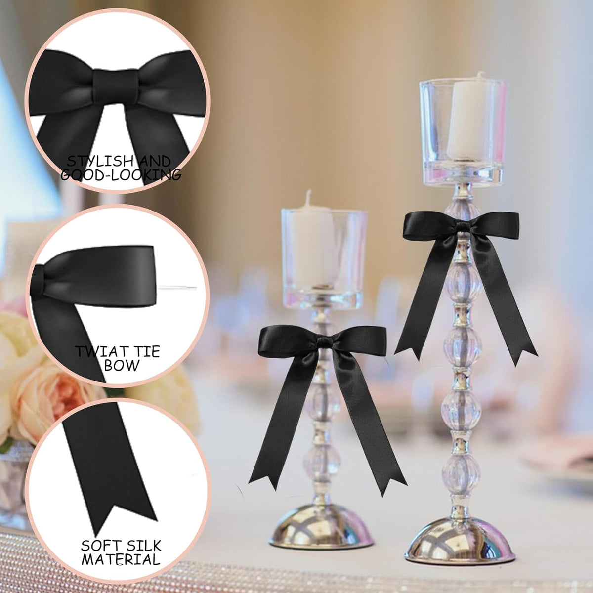 30Pcs Satin Ribbon Black Bows 5x7 Inch Twist Tie Bow for Gift Wrapping Champagne Bottle Cake Treat