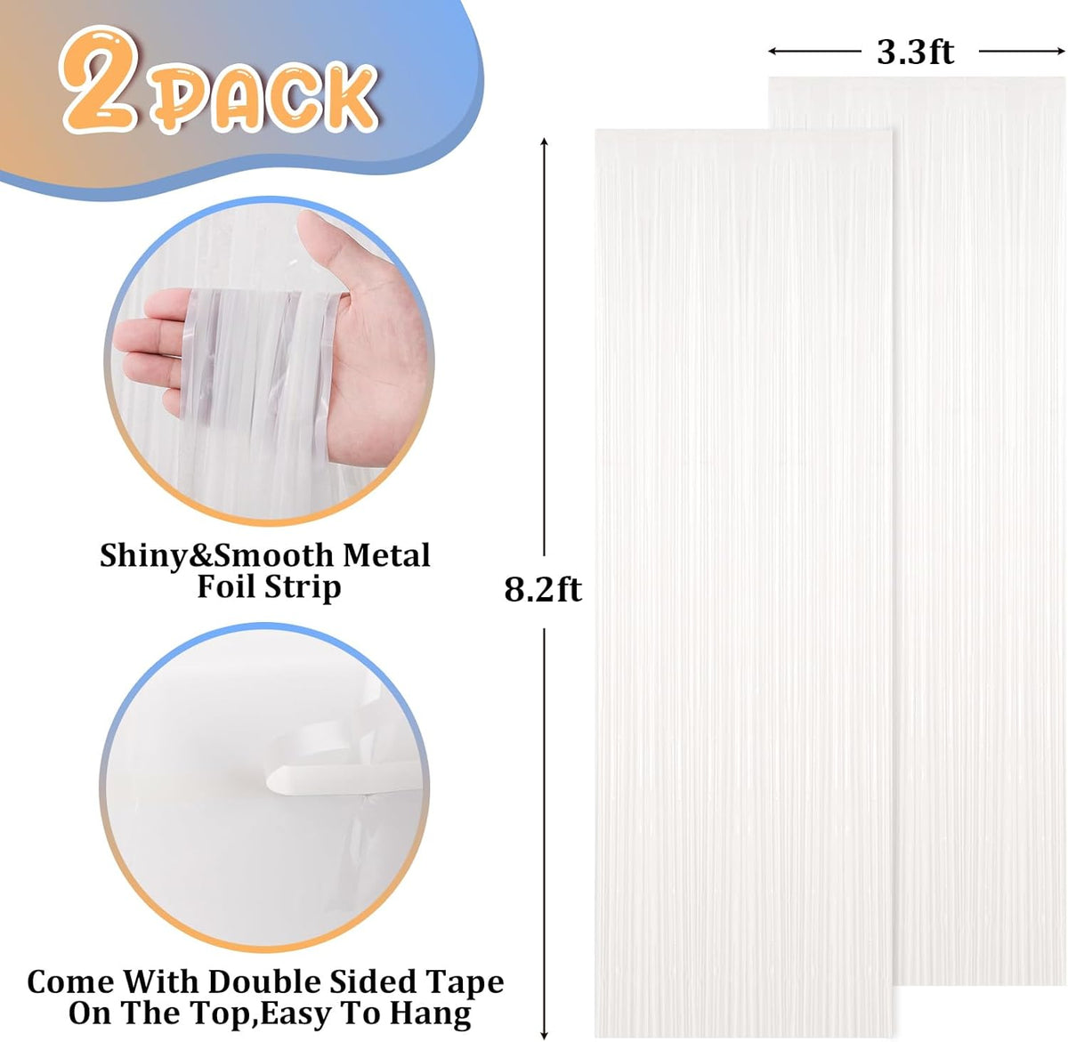 2 Pack White Foil Fringe Backdrop Curtains, Tinsel Streamers Birthday Party Decorations, Fringe