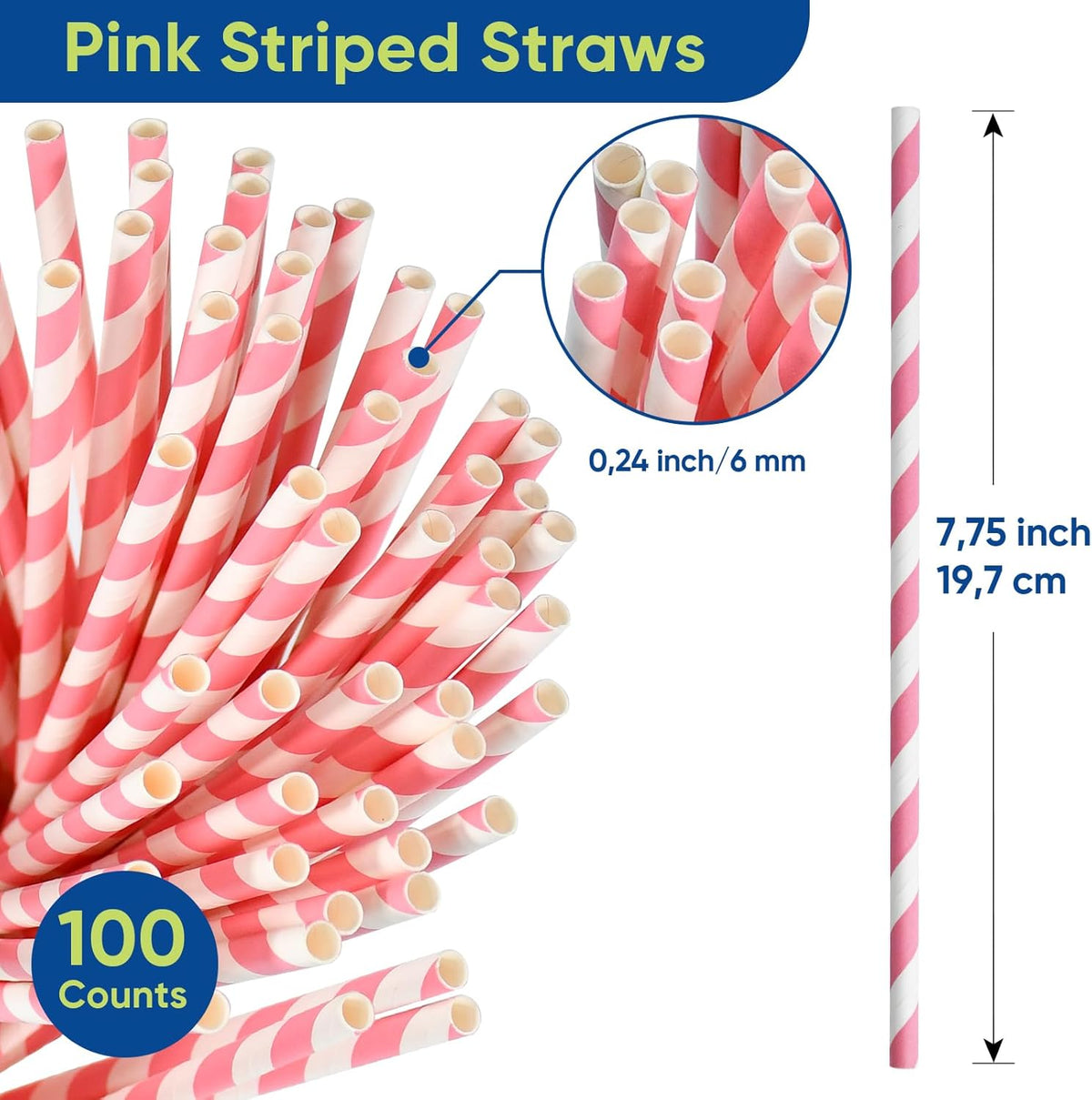 Pink White Striped Paper Drinking Straws 7.75 inch 100 Counts - for Cocktail, Party, Wedding, Baby