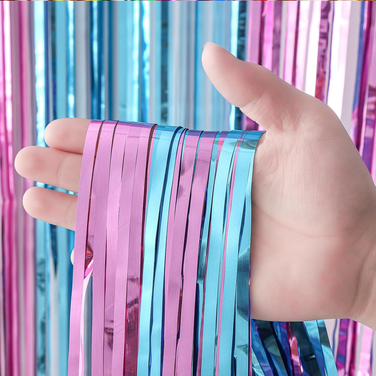 4 Pack 3.3x8.2 Feet Blue and Pink Foil Fringe Backdrop Curtains, Tinsel Streamers Birthday Party
