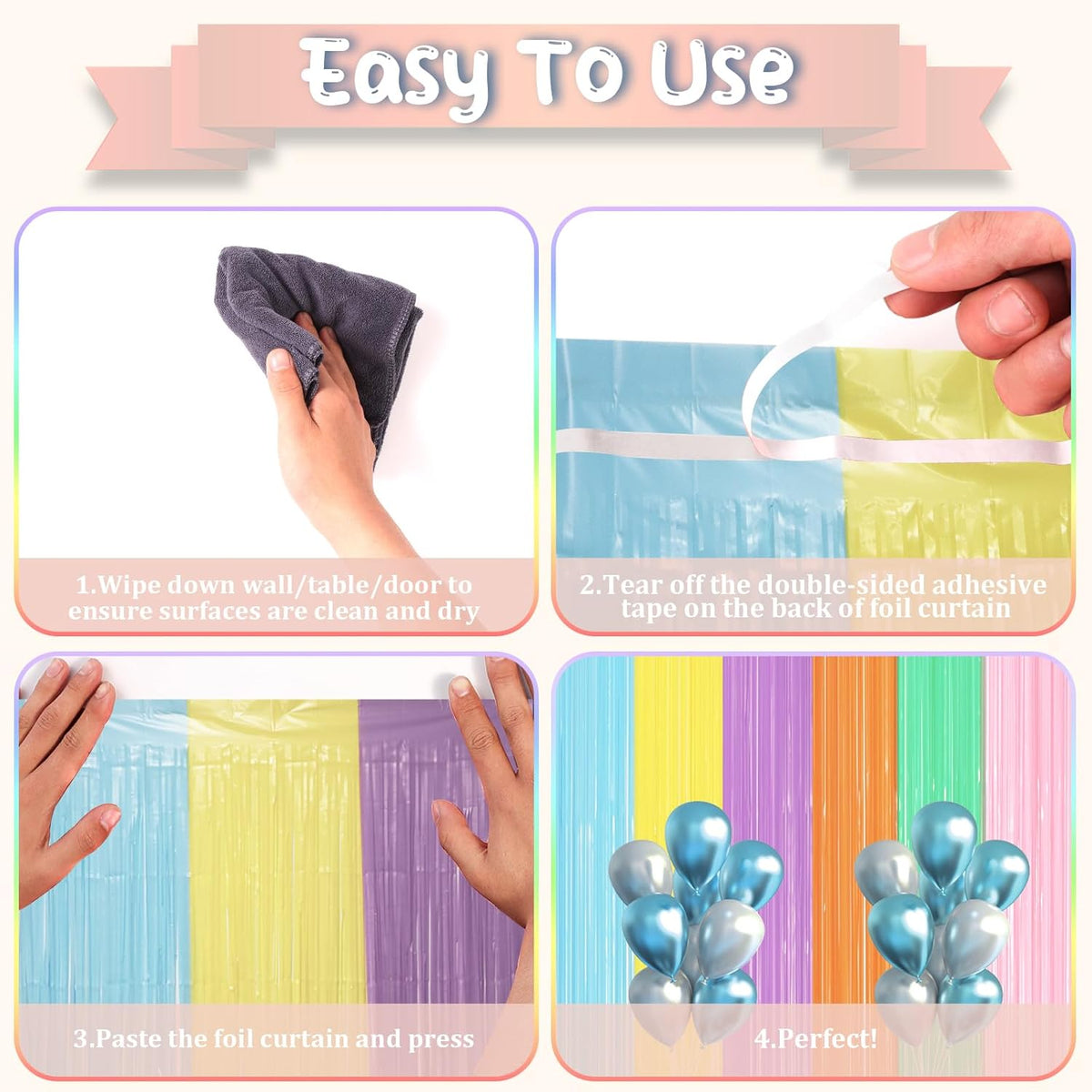 2 Pack Pastel Rainbow Foil Fringe Backdrop Curtains, Tinsel Streamers Party Decorations, Fringe
