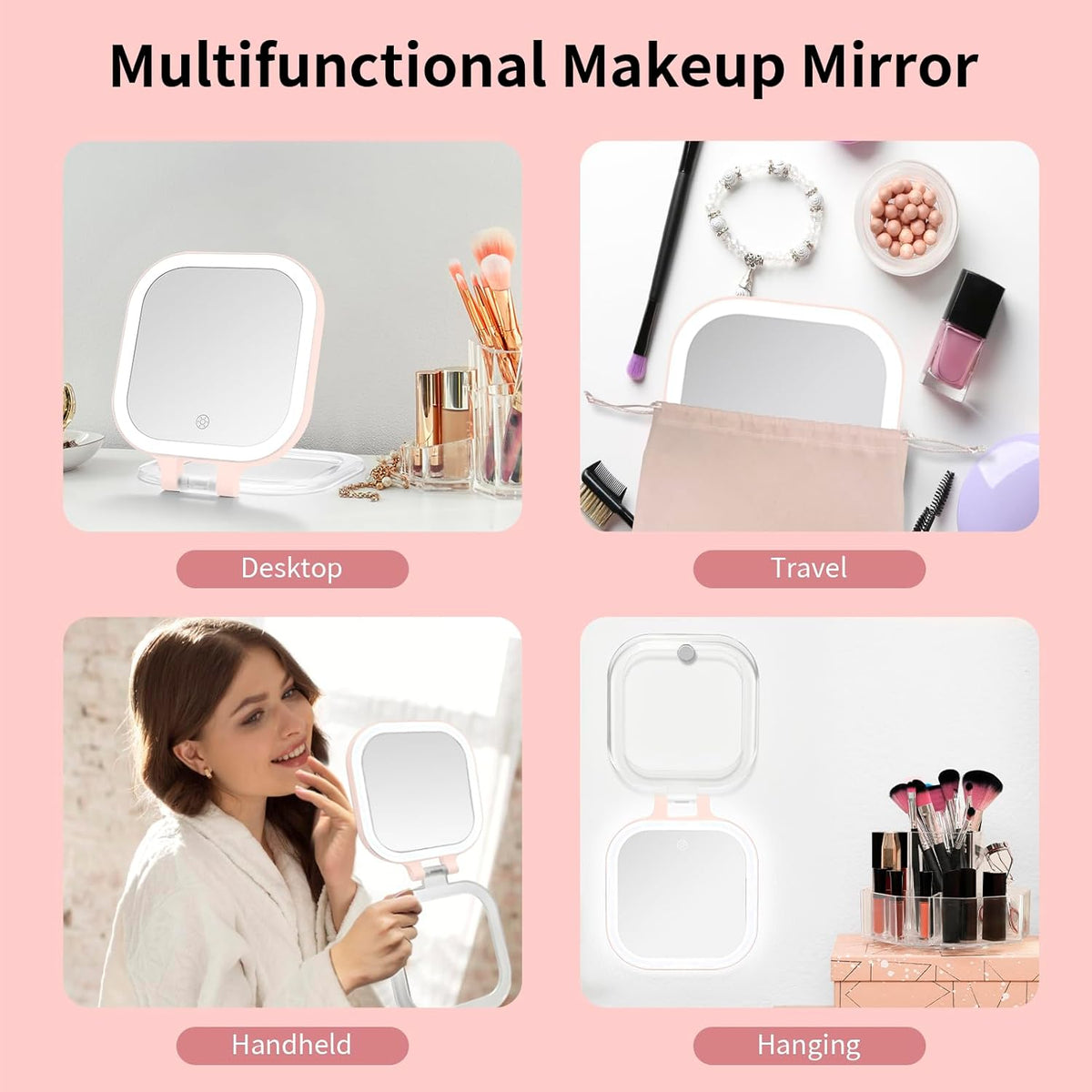 DESCHEN Rechargeable Travel Makeup Vanity Mirror with Lights and Magnification, Portable 1X/10X