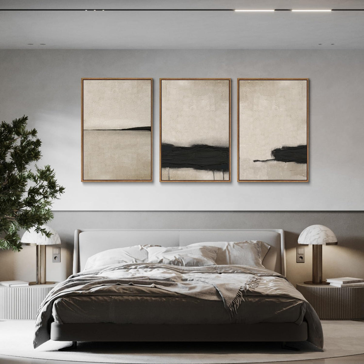 myusuar 3 Piece Large Modern Abstract Canvas Framed Wall Art For Living Room, Black And Beige