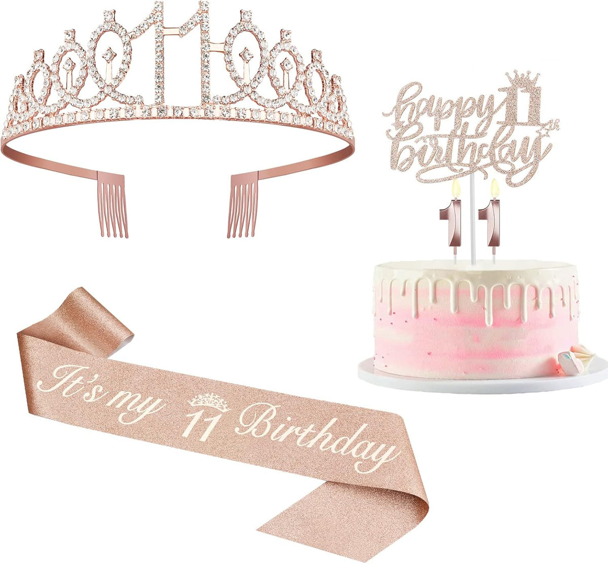 11th Birthday Decorations for Girl with Sash and Tiara, Numeral Candle and Cake Topper, 11 Year Old