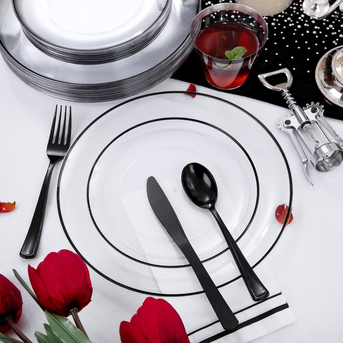 NOCCUR 350PCS Clear and Black Plastic Plates - Disposable Dinnerware Set for 50 Guests Include 100