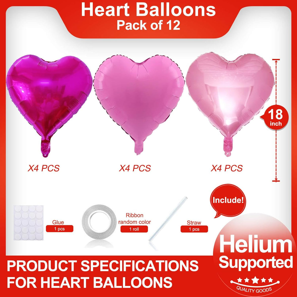 Pink Heart Shaped balloons Pack of 12,18 Inch Love Valentine Balloons Heart Romantic Balloons For