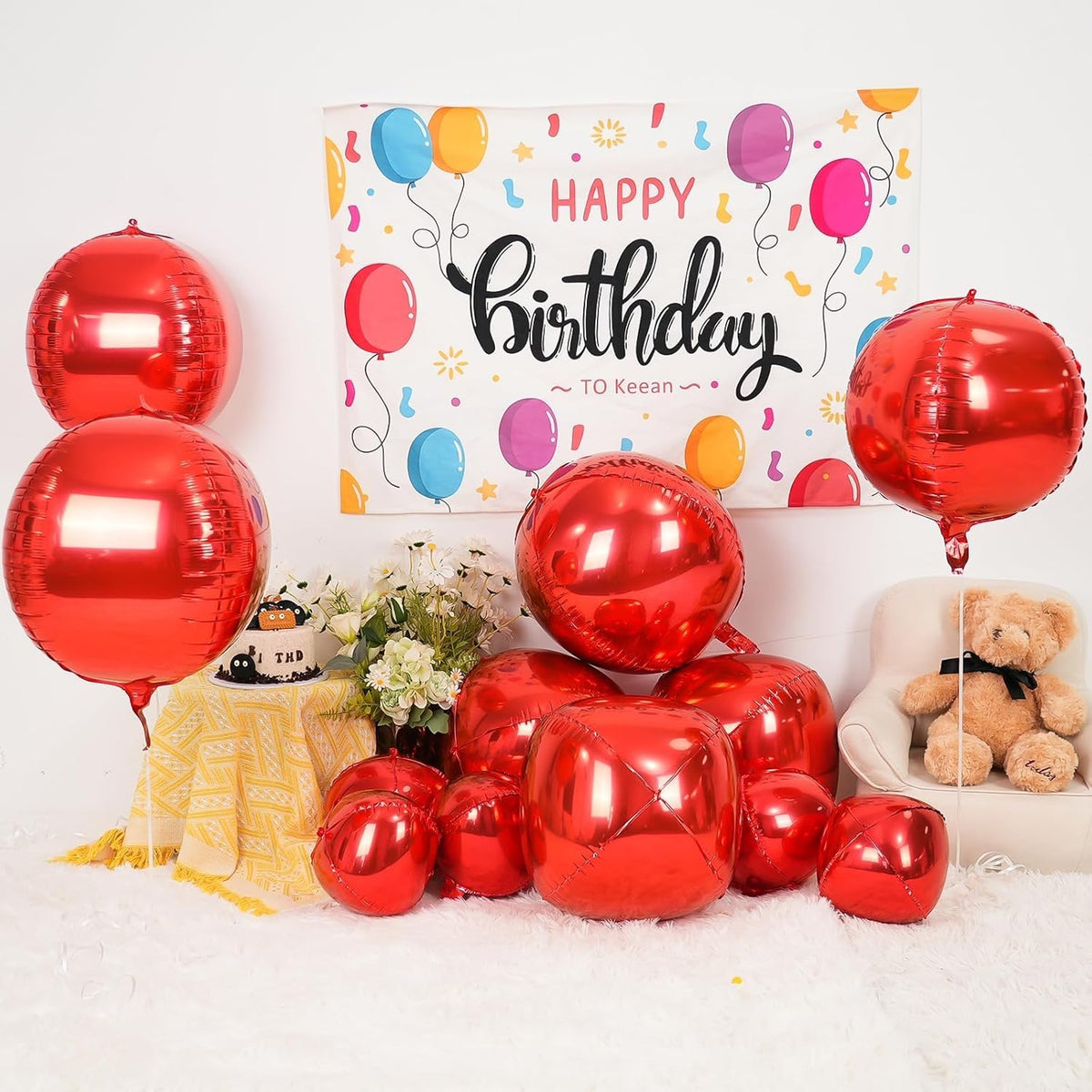 12Pcs Red Round Foil Balloons, 22" 15" 10" 4D Ball Balloons, Metallic Red Foil Balloon for Wedding