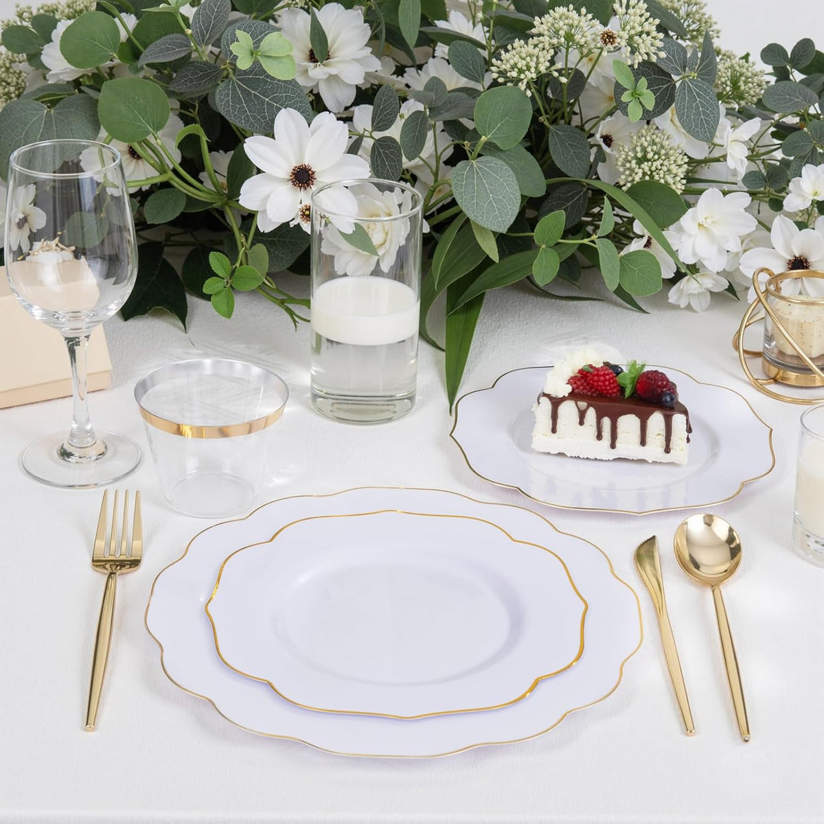 bUCLA 180PCS White and Gold Plastic Plates Disposable - White with Gold Rim Dinnerware Set Include