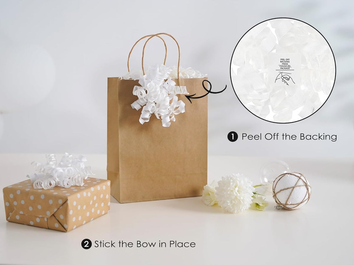 HUIHUANG White Bows for Gift Wrapping Christmas Gift Bows 5 inch x 8 Counts Self-Adhesive Curly