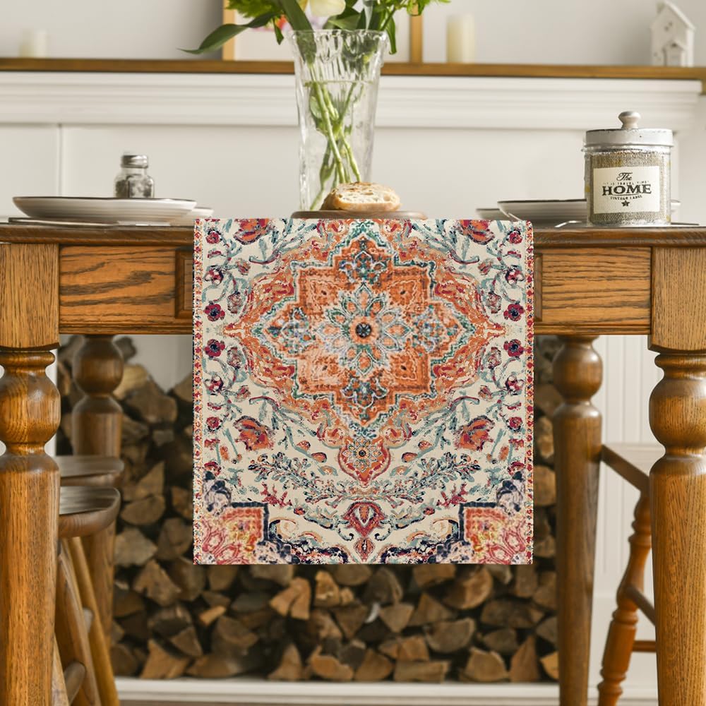 Artoid Mode Boho Bohemia Style Orange Table Runner, Country Rustic Farmhouse Magical Fall Kitchen
