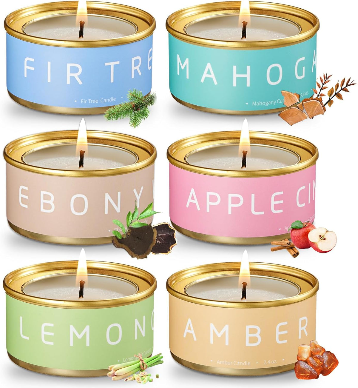 VTS Fall Candles Set, 6 Pack Aromatherapy Candles (Apple Cinnamon, Fir Tree, Mahogany, Ebony Wood