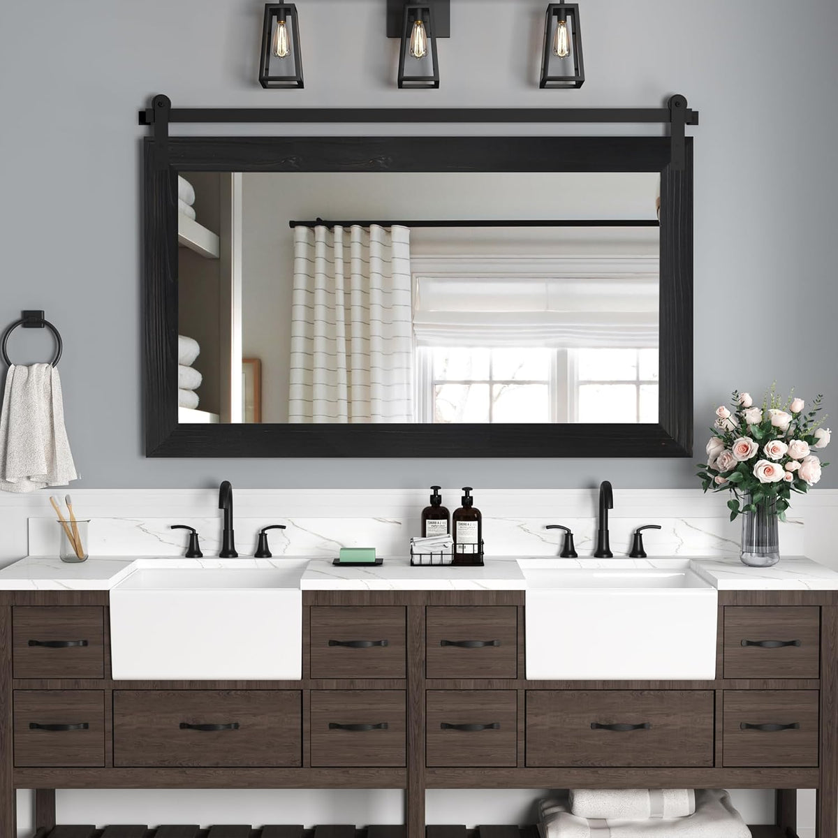 COGOOD Farmhouse Barn Door Mirror - 41" x 26" Rustic Wood Framed Wall Mirror for Bathroom, Living