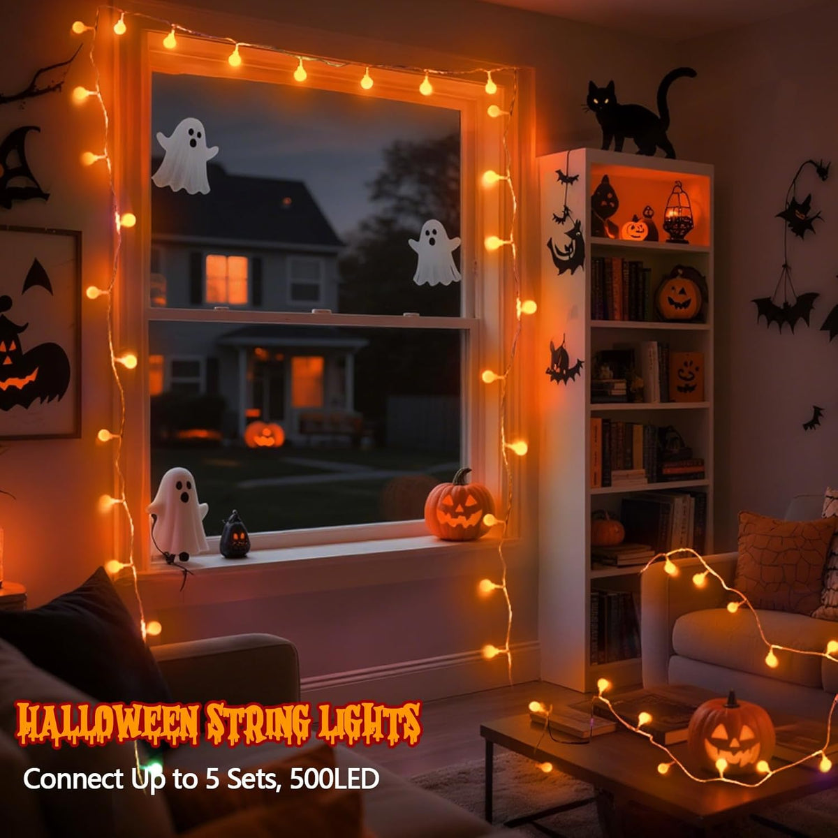 Connectable Orange Halloween Lights Outdoor Indoor - 43FT 100LED Globe String Lights Plug in with