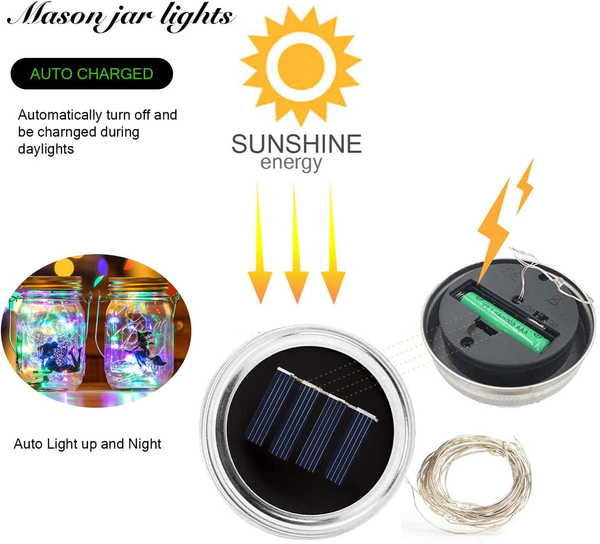 VOOKRY 6 Pack Solar Mason Jar Lights, 30 LED Mason Jar Lids Waterproof Firefly Fairy String Lights
