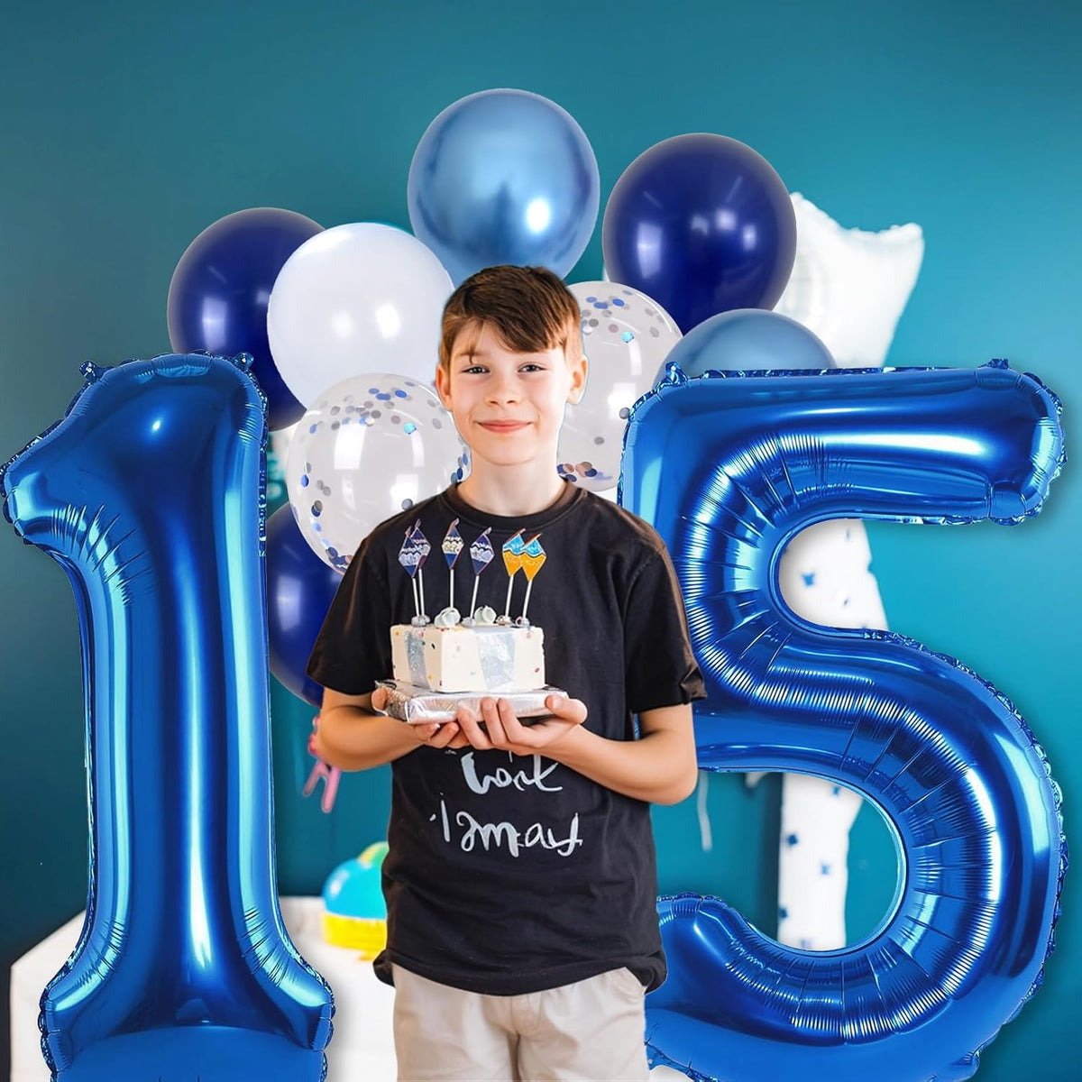15th Birthday Balloon for Boys, Foil 40 Inch Self Inflating Number 15 Metallic Dark Blue, Navy Blue