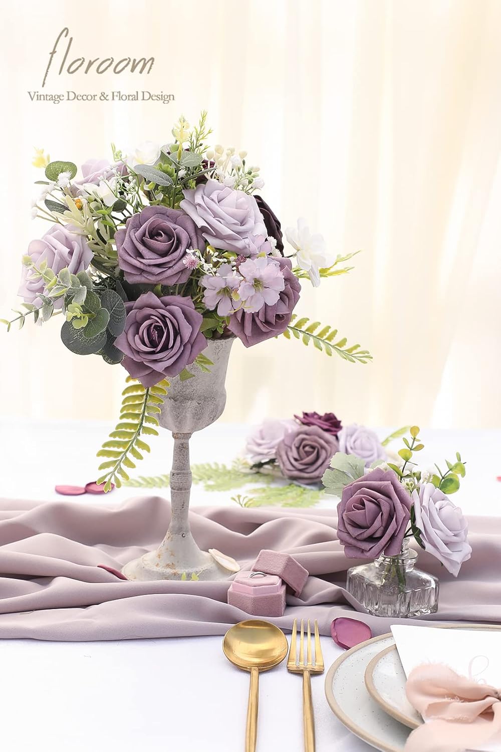 Floroom Artificial Flowers 25pcs Real Looking Plum Ombre Colors Foam Fake Roses with Stems for DIY