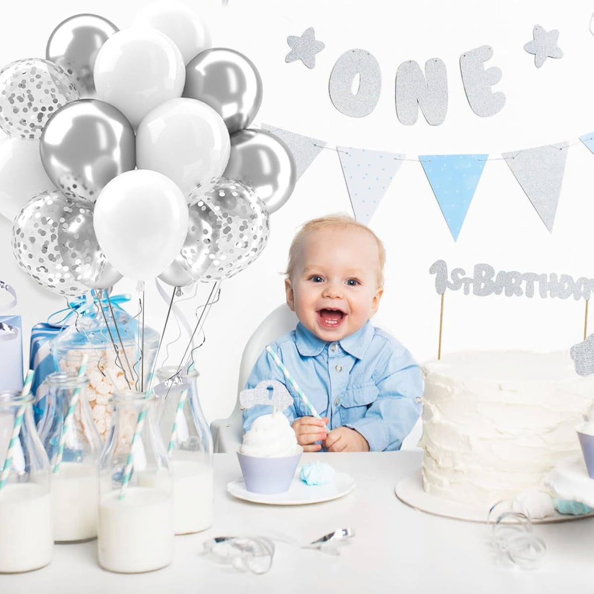 Patimate White and Silver Balloons Set, 50 pcs 12 inch Metallic Silver White Confetti Latex