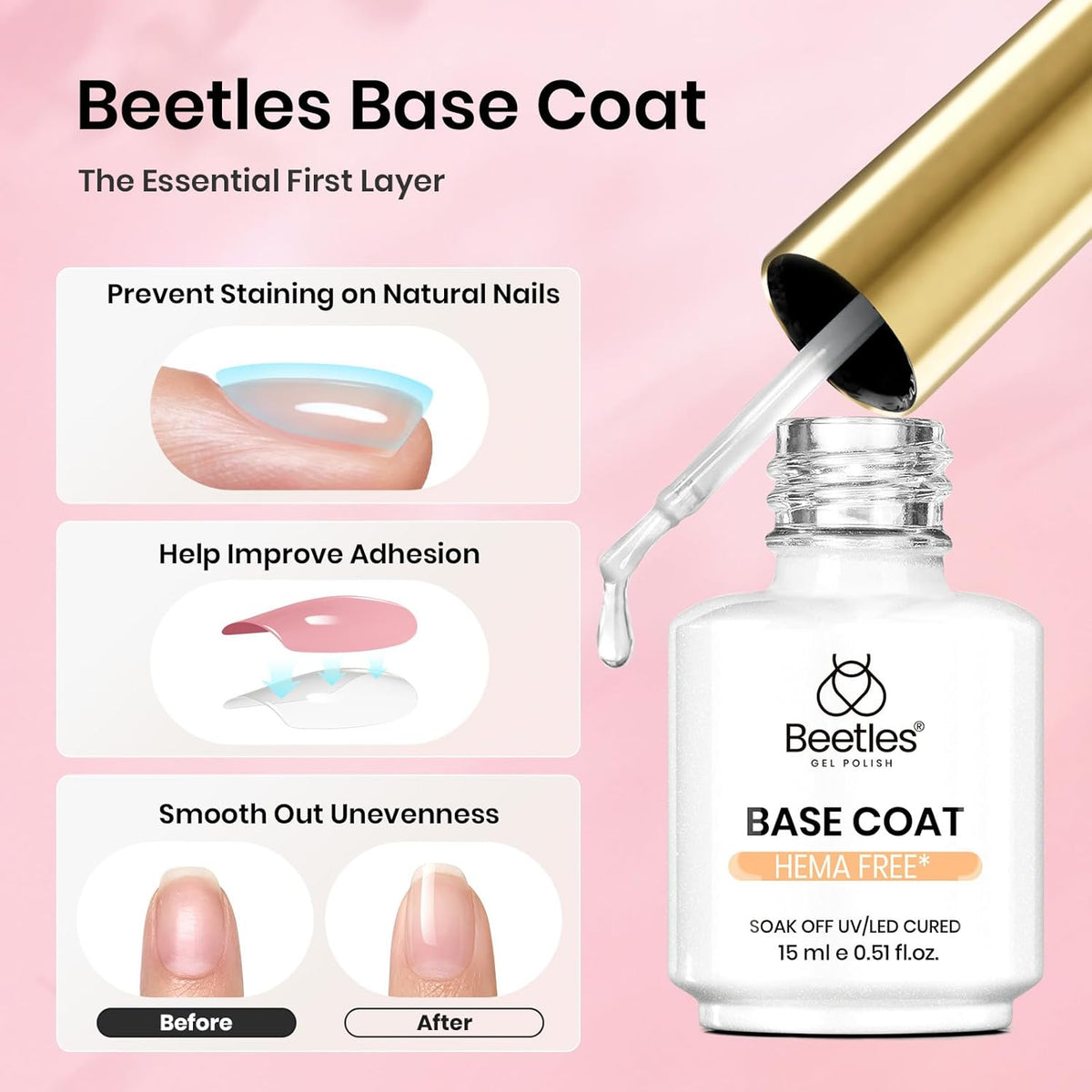 Beetles 15ml Gel Base and Top Coat Set HEMA Free, TPO Free Top Coat Gel Nail Polish & Base Clear