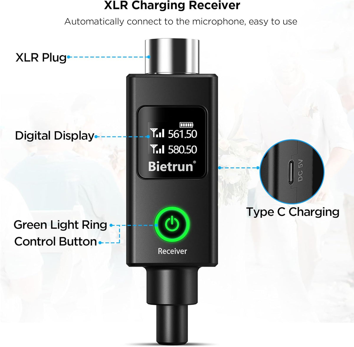 Bietrun XLR Wireless Microphone, UHF Dual Handheld Dynamic Metal Mic Set with Rechargeable