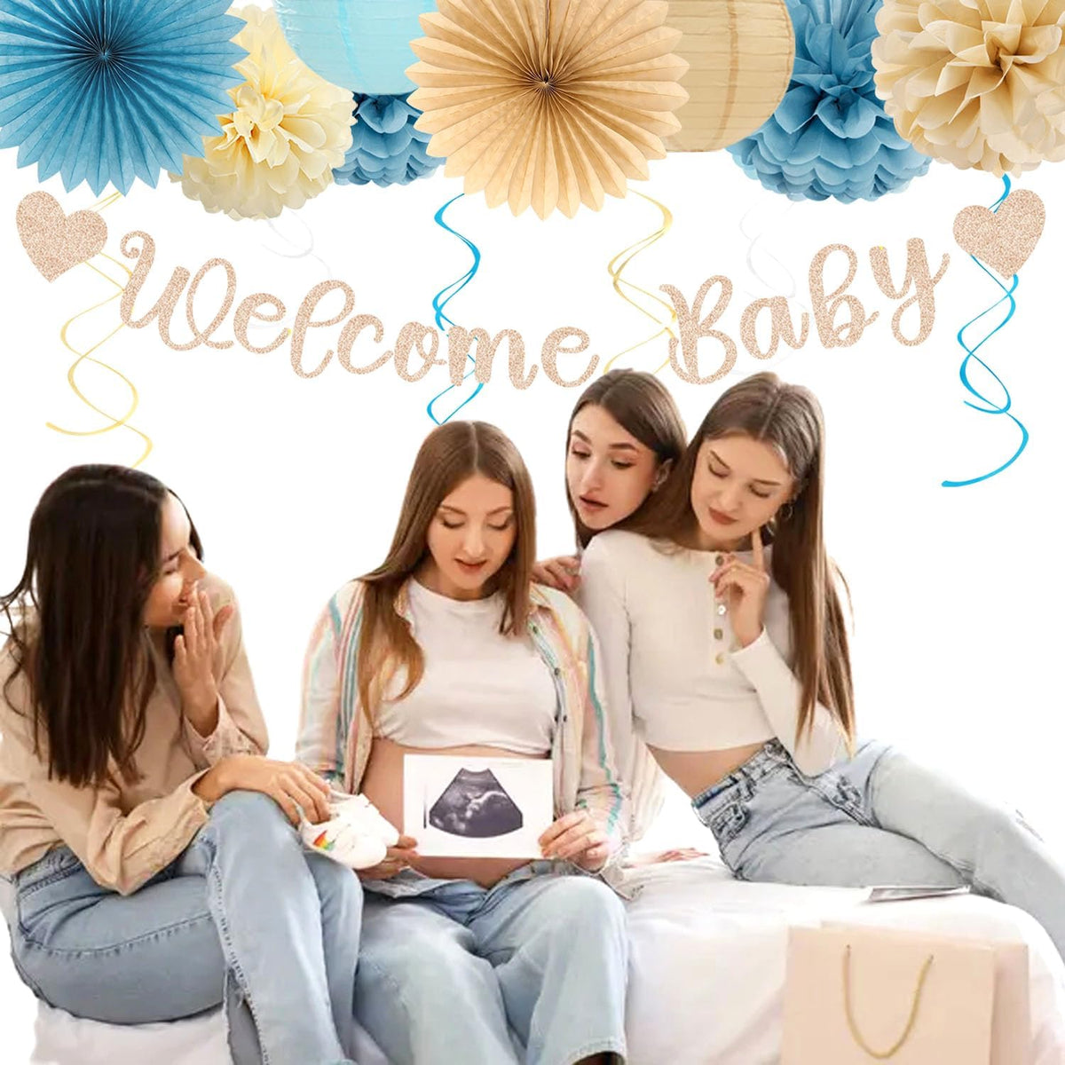 Light-Dusty Blue Beige-Champagne Baby-Shower Party-Decorations - 31pcs Welcome Home Banner Sign,Boy
