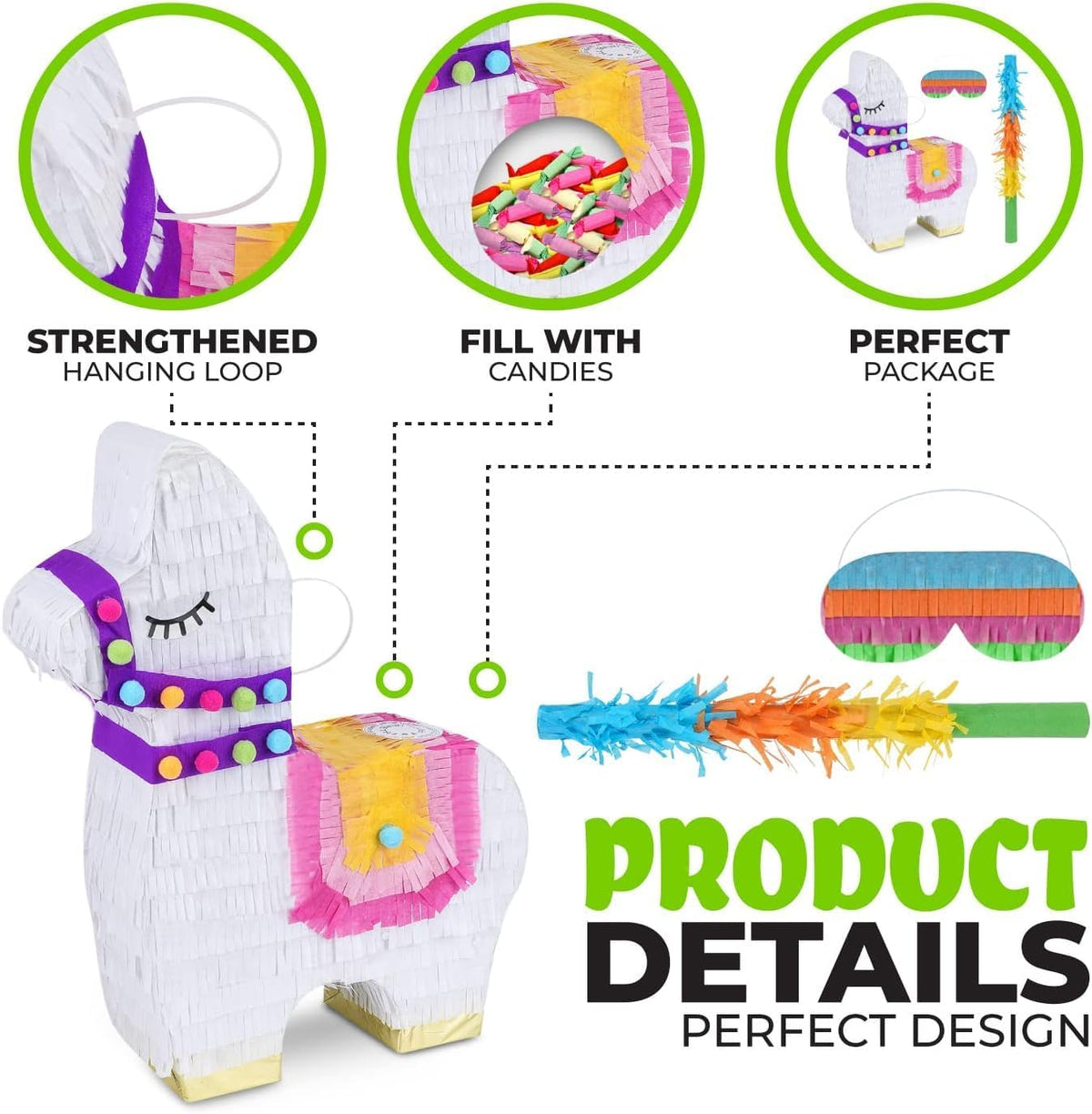 Llama Pinatas Bundle with a Blindfold and a Bat (17 x 14 x 4 Inches), Perfect for kid's Birthday