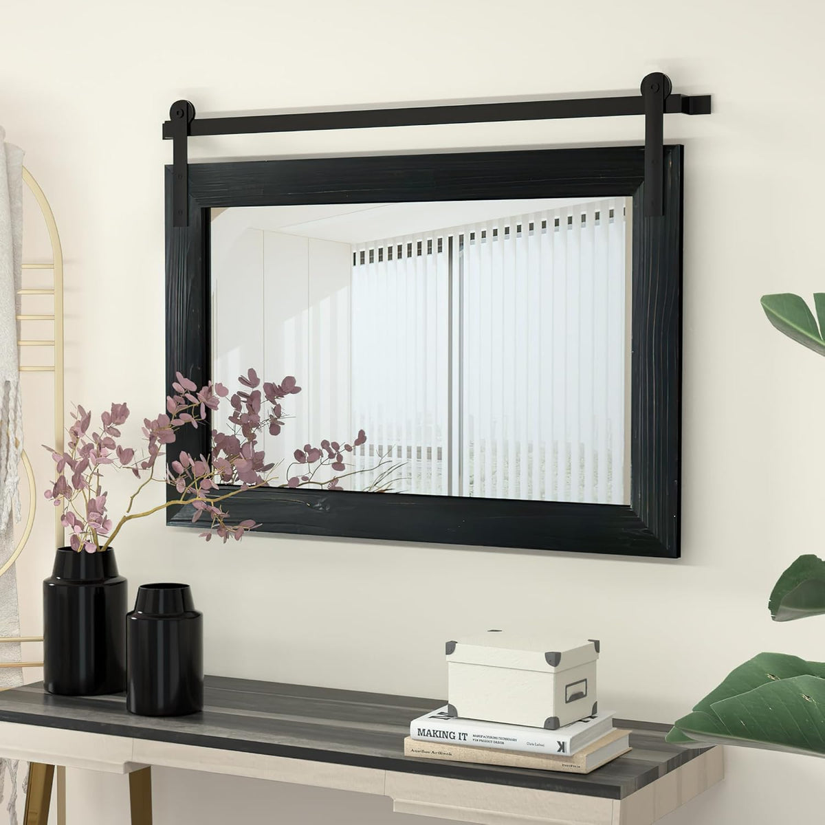COGOOD Farmhouse Barn Door Mirror - 41" x 26" Rustic Wood Framed Wall Mirror for Bathroom, Living