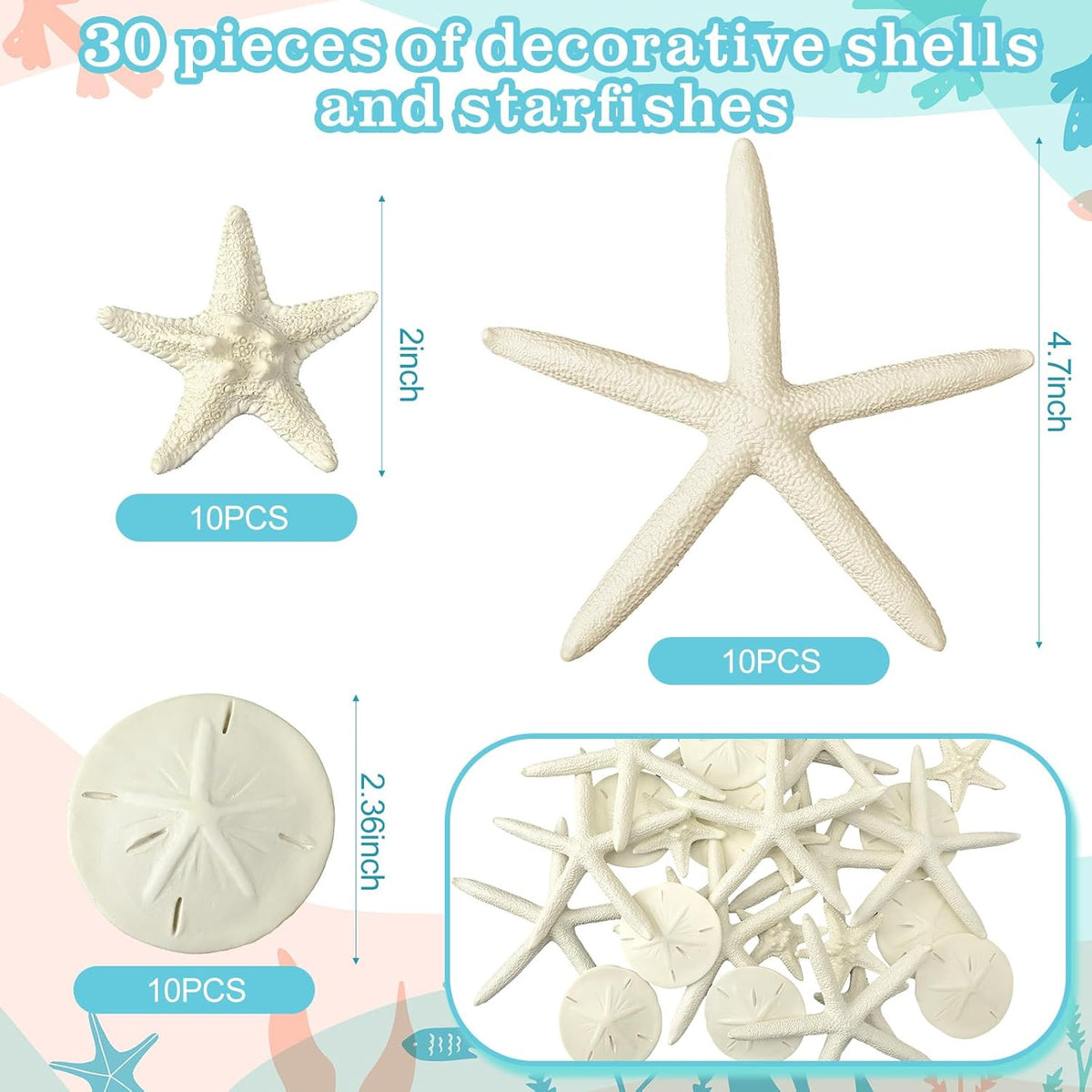 Queekay 15 Pieces Resin Starfish Sand Dollars 2.0 Inch 4.7 Inch Starfish 2.3 Inch Sand Dollars