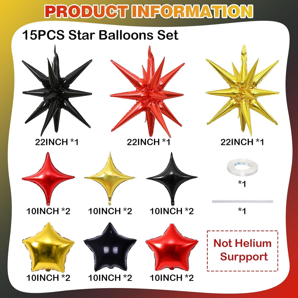 Star Balloons, 22in Red Black and Gold Star Balloons Foil 10in 4-Pointed & Pentagram Balloon for