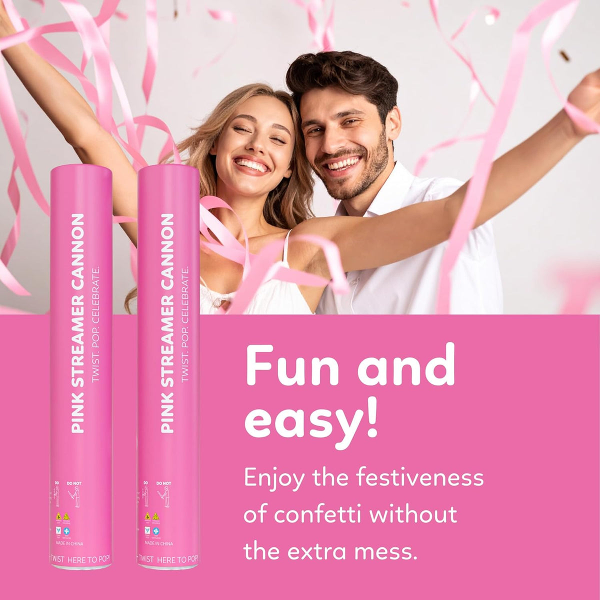 Pink Streamer Cannon Poppers | 2 Pack | Biodegradable Pink Streamers | TUR Party Supplies | Up to