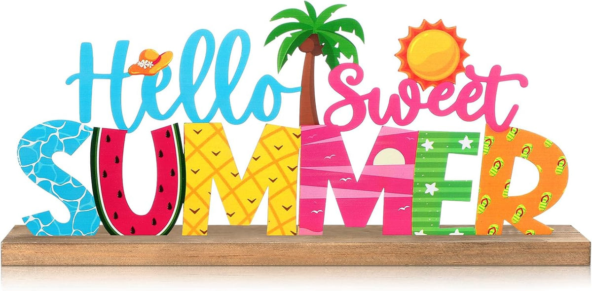 Hello Sweet Summer Metal Sign Rustic Table Decor Holiday Tiered Tray Decor with Wooden Base