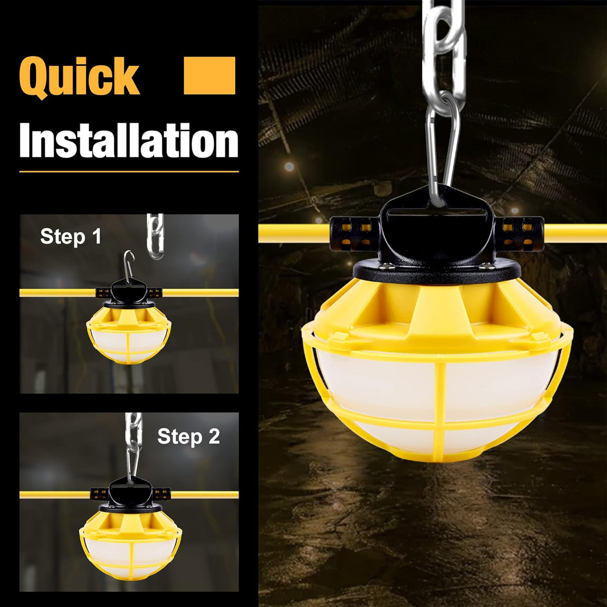 100FT Construction String Lights with Cage, IP65 Waterproof LED String Work Lights, 5000K Daylight