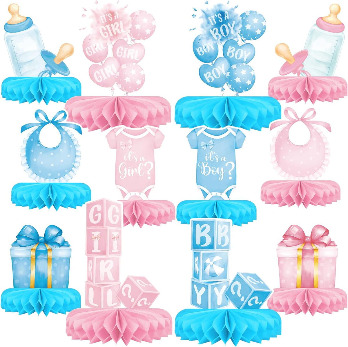 Gender Reveal Decoration Set - Includes Baby Reveal Table Decorations with Honeycomb Centerpiece