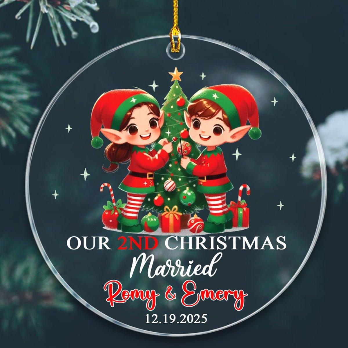Customized Our 2ND Christmas Married Ornaments with Name & Date, Mr & Mrs Elf Married Ornament Gift
