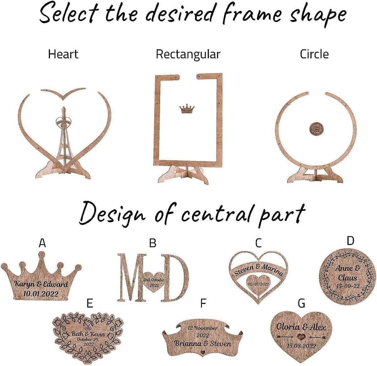 Rustic Personalized Wedding Guest Book: Heart Drop Design, Heart, Circle & Rectangle Frames.