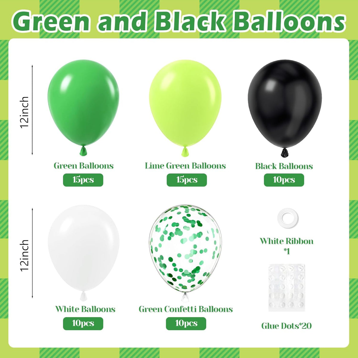 60pcs 12inch Green and Black Balloons, Black White Lime Green Confetti Balloons for Football Theme