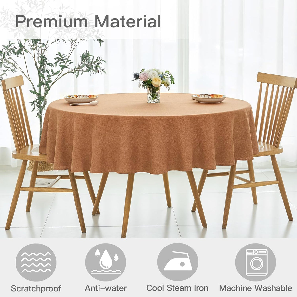 maxmill Fall Round Tablecloth Linen Texture Stain Resistant Waterproof Anti-Shrink Spillproof