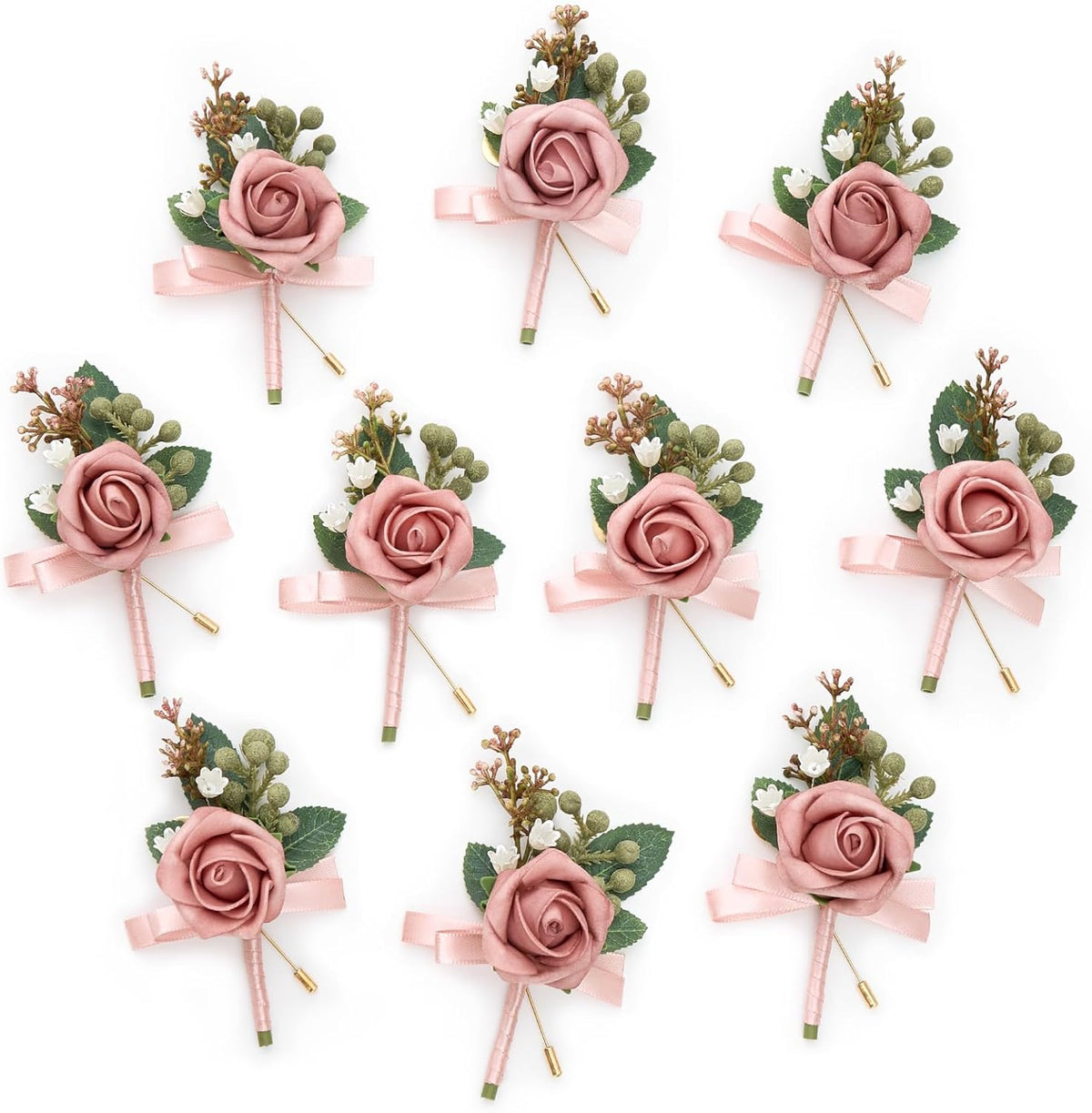Serwalin 10Pcs Boutonniere for Men, Pink Groom and Best Man Boutonniere, Artificial Flowers for