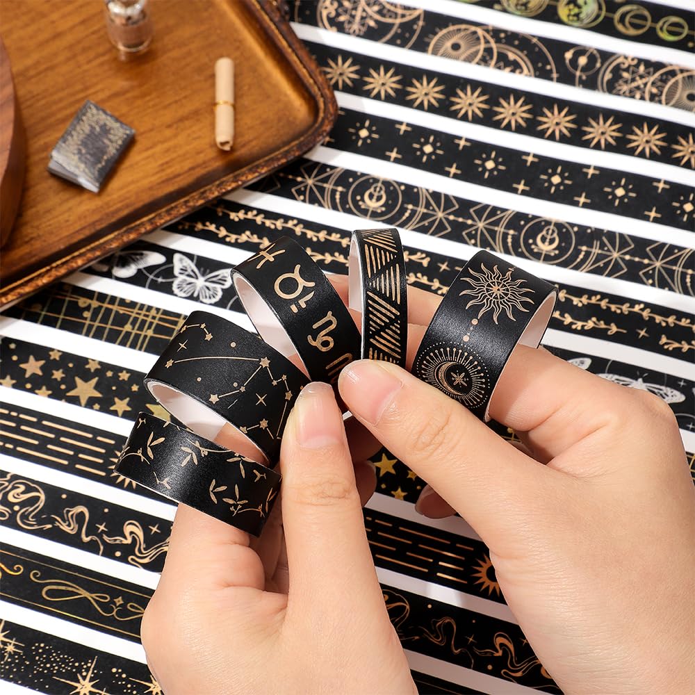 36 Rolls Glow-in-The-Dark Starry Washi Tape Set with Gold Foil Celestial Patterns - Writeable