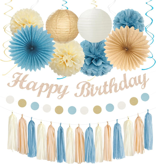 Light-Dusty Blue 18th Happy-Birthday Party-Decorations - 31pcs Women Girls Paper Lanterns Streamers