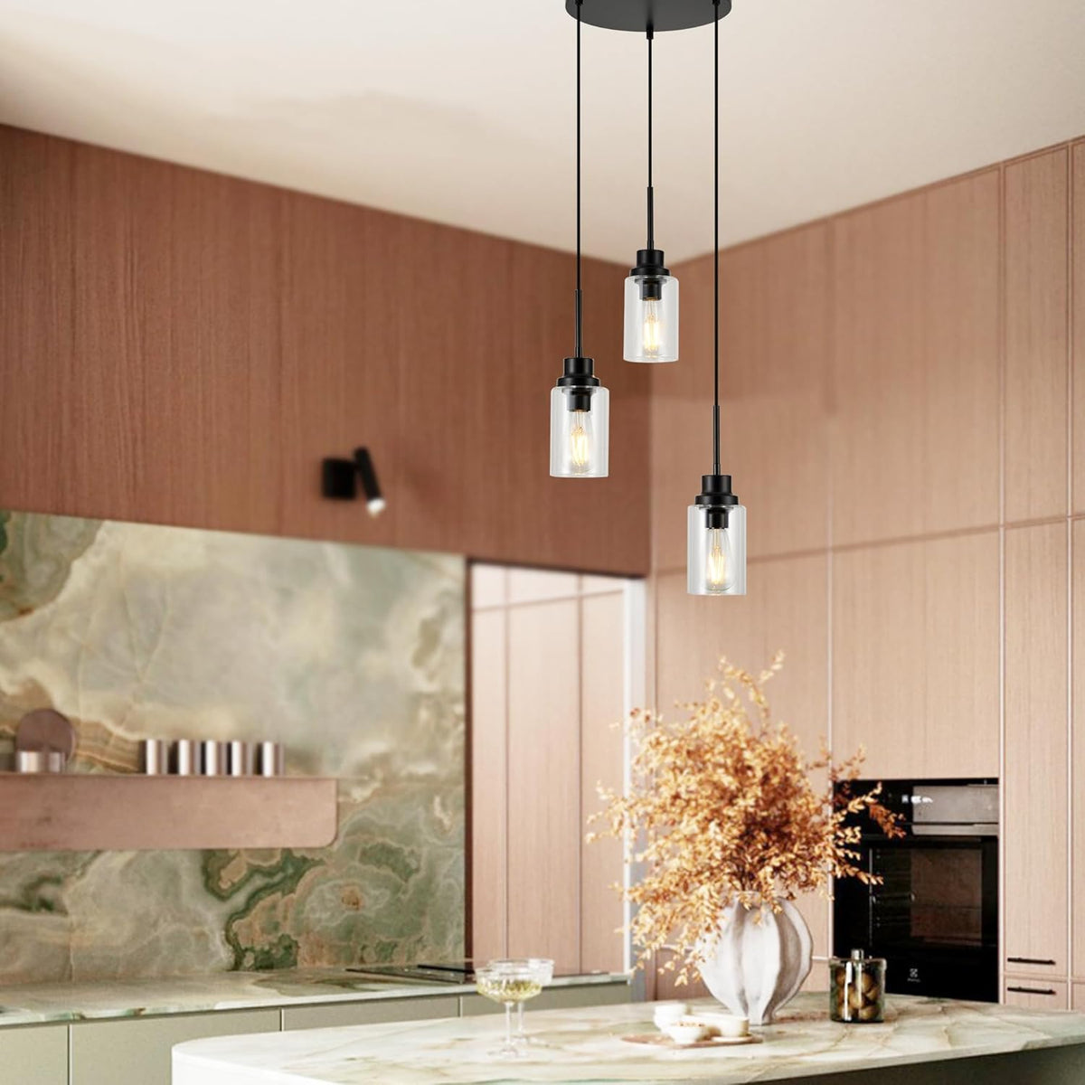 3-Lights Modern Pendant Light Fixtures Black Adjustable Height Ceiling Lights Chandelier with Clear