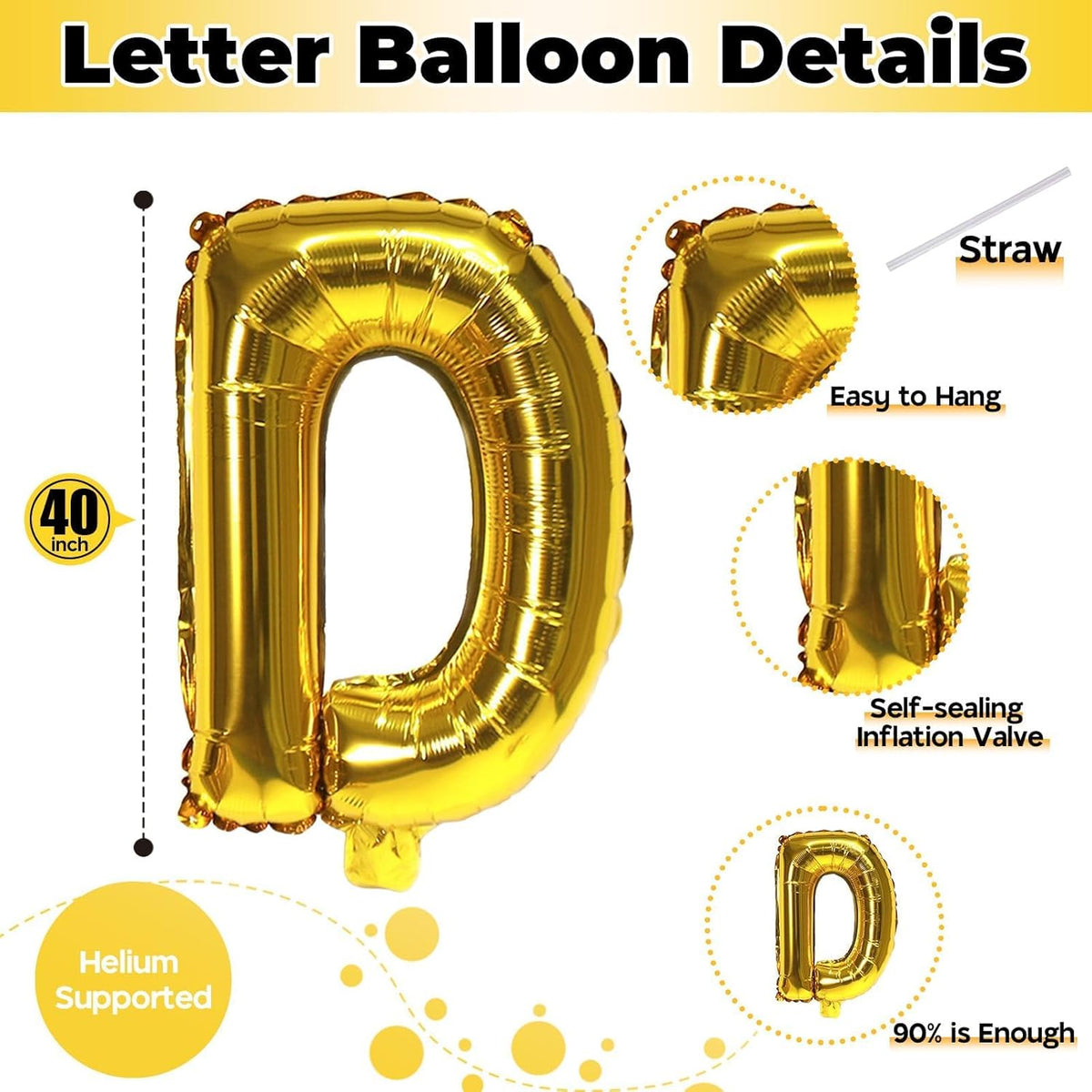 Custom Letters Balloon Gold, Large Helium Alphabet Name Balloon D Decor, 40 Inch Self Inflating