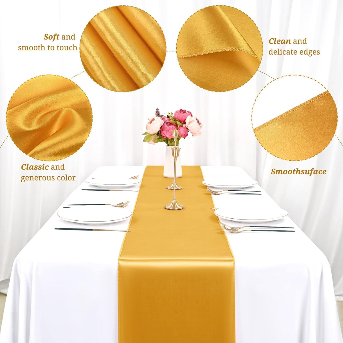 12 Pack Gold Satin Table Runner,12 x 108 inch Long Premium Smooth Table Runner for Wedding